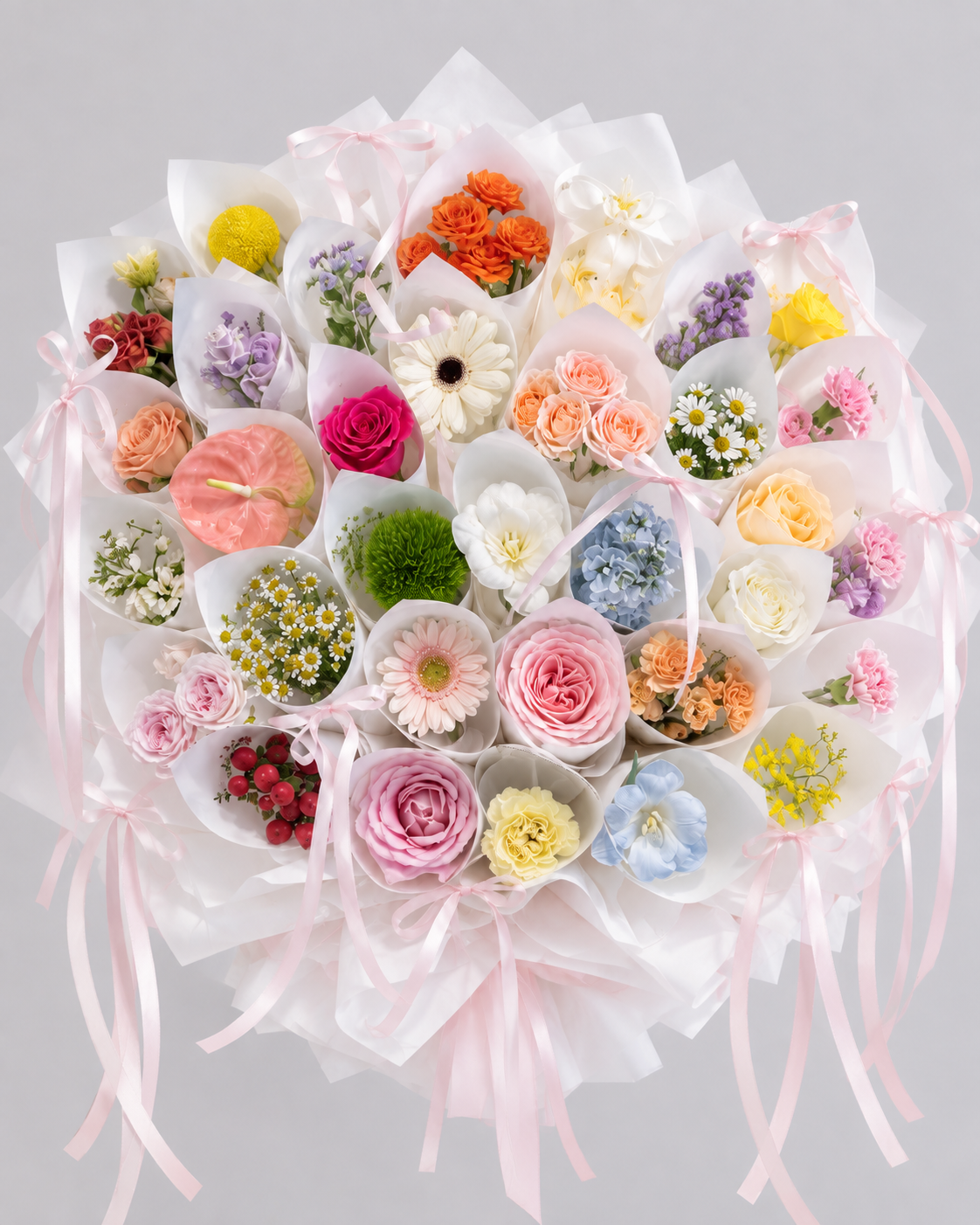 Bouquet CAPRICE de fleurs fraîches multicolores pastel, vue de face