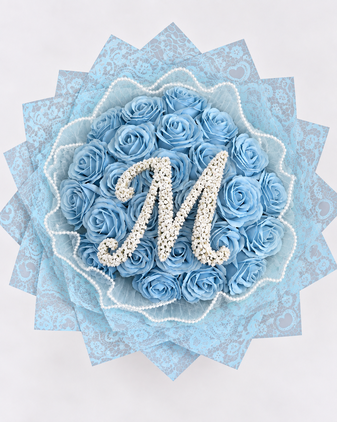 Bouquet CENDRILLON de 25 roses éternelles bleu ciel, vue de face