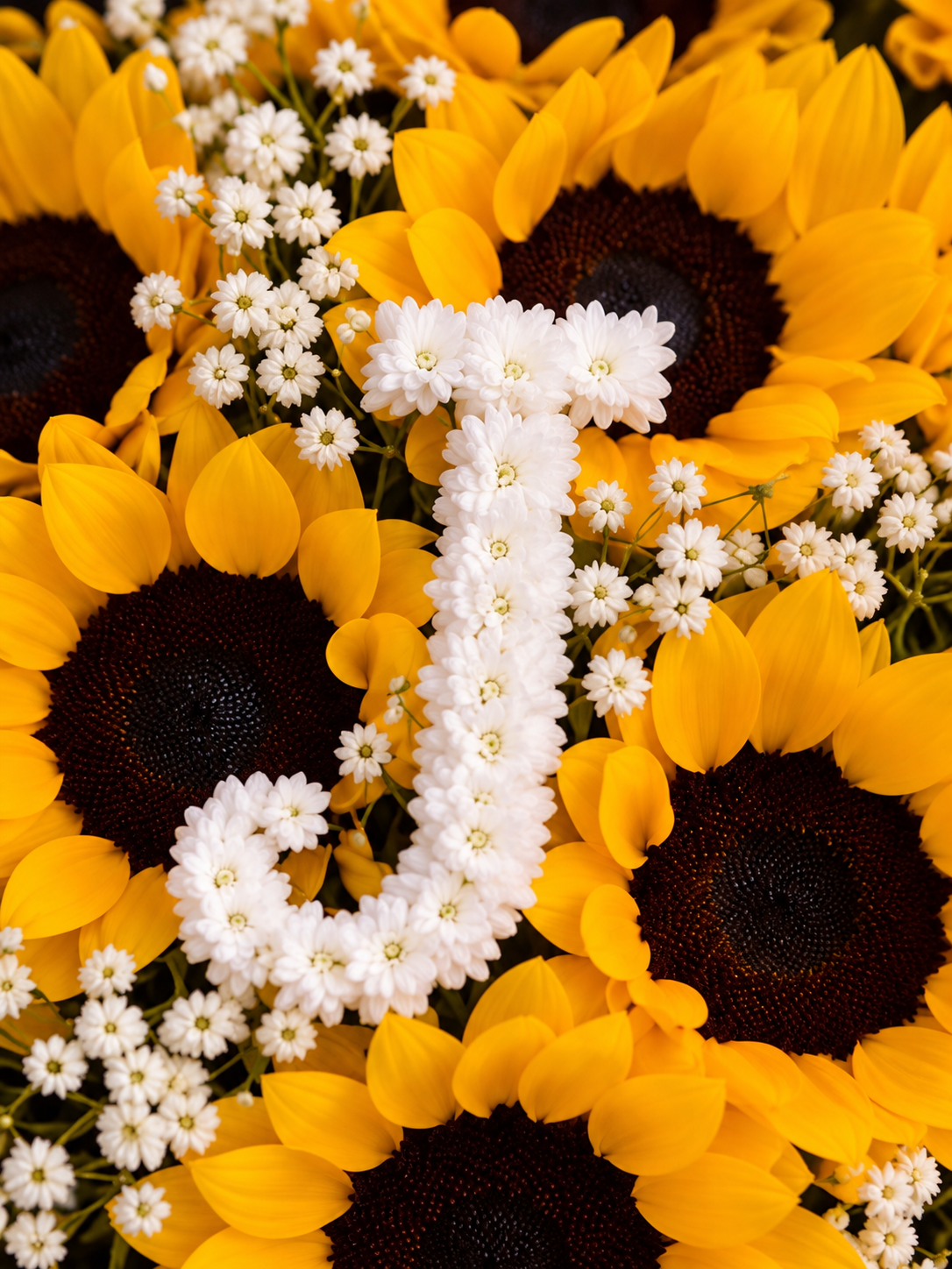 Gros plan sur la lettre J en gypsophile au centre des tournesols du bouquet Chloé