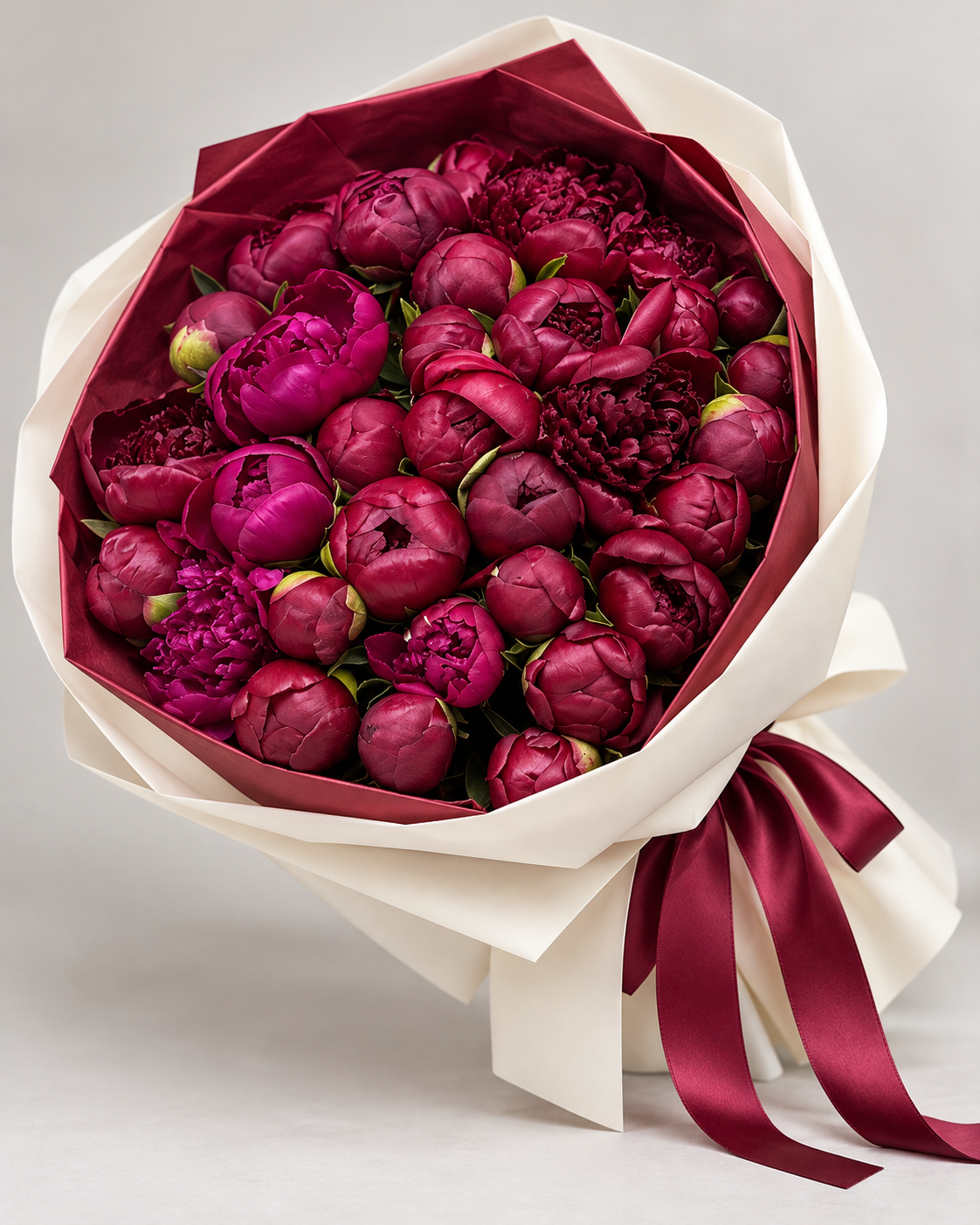 Bouquet CLARA de pivoines fraîches bordeaux, vue de côté