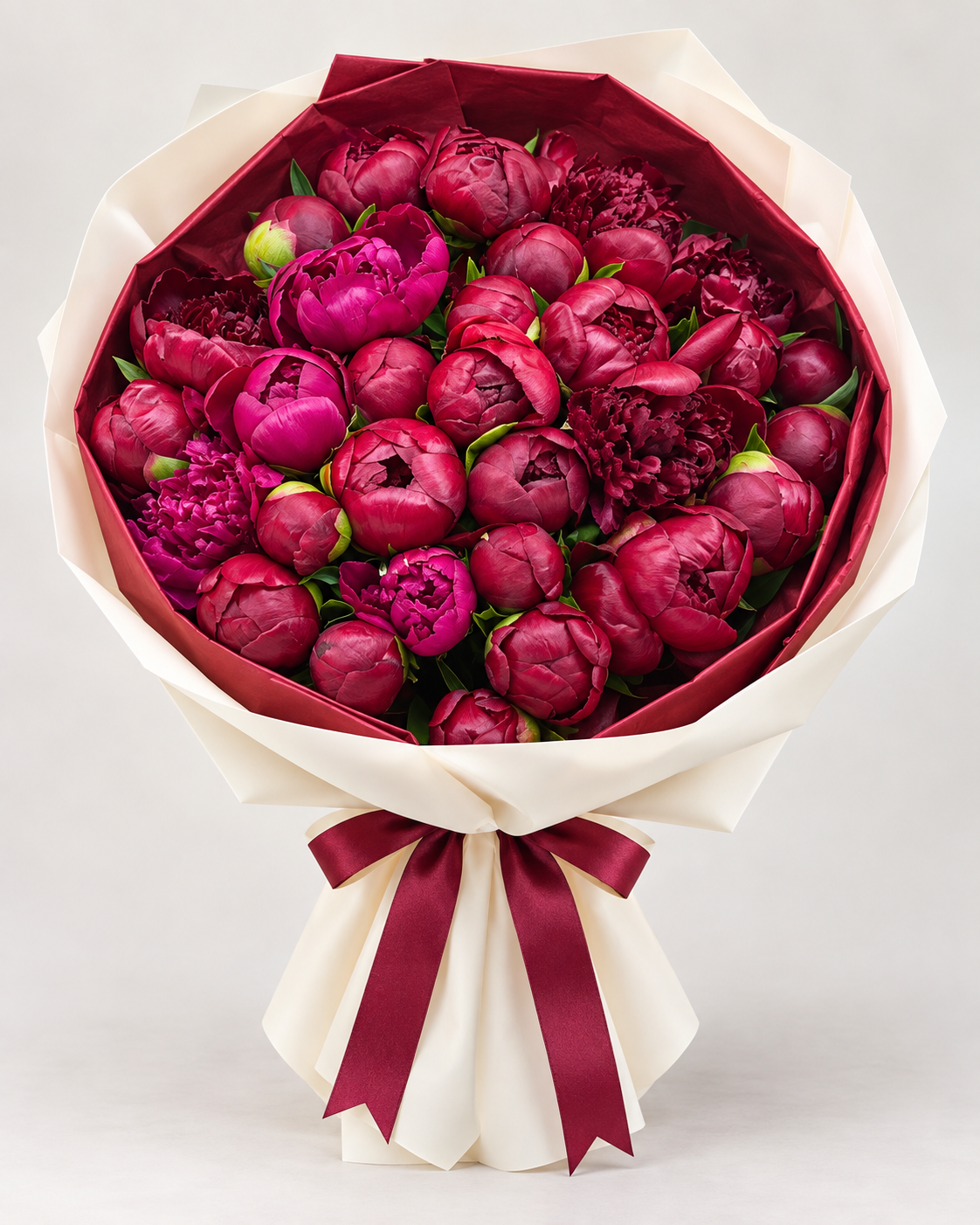 Bouquet CLARA de pivoines fraîches bordeaux, vue de face