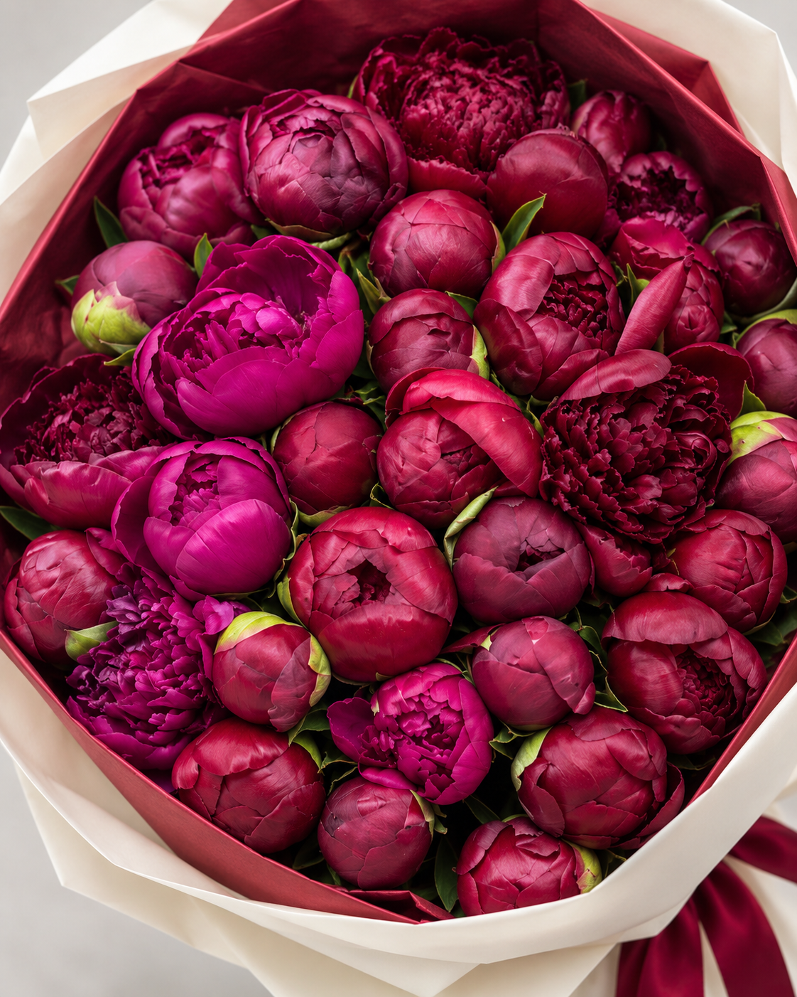 Gros plan sur les pivoines fraîches bordeaux du bouquet CLARA
