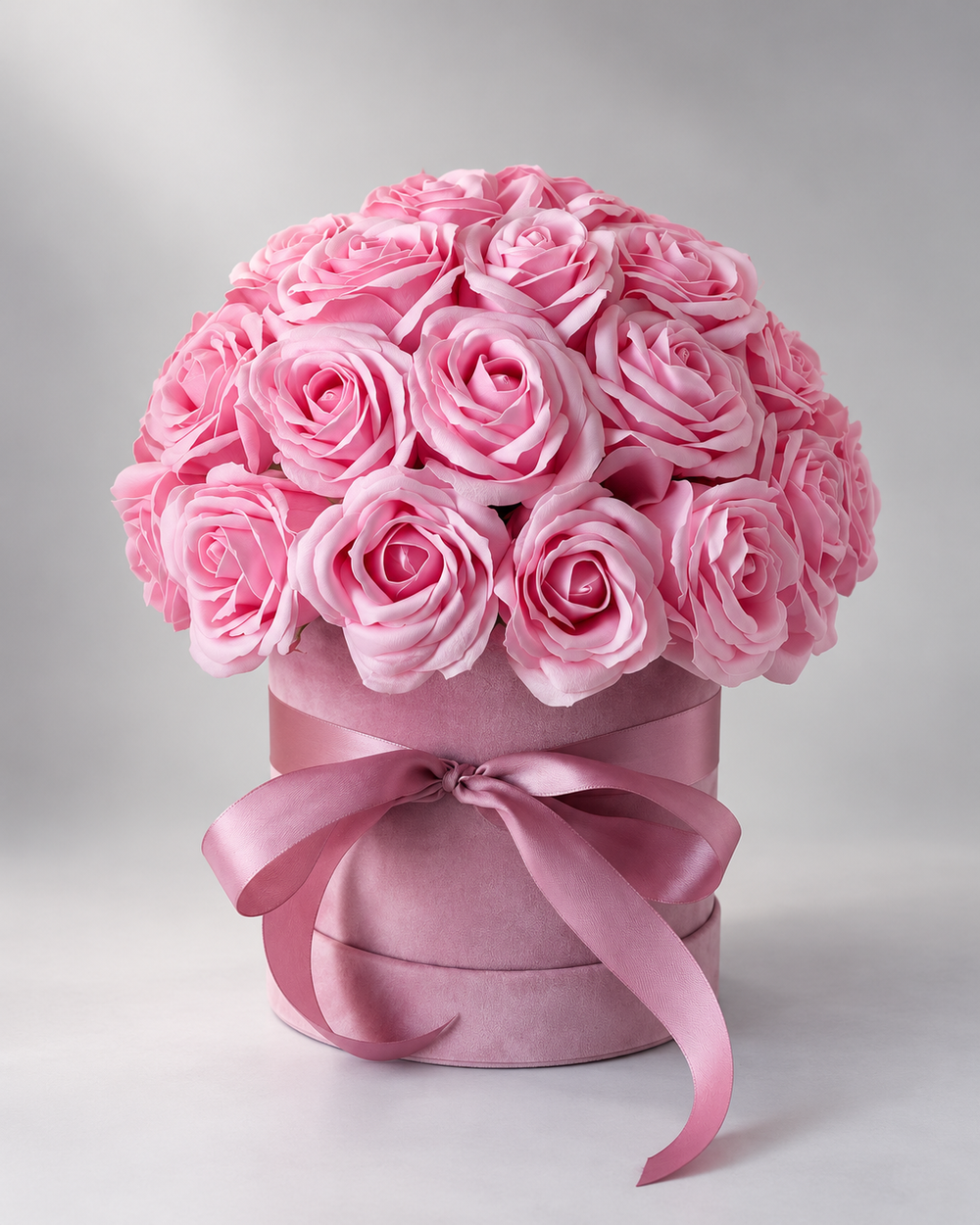 Coffret Déclaration, dôme de roses éternelles roses dans un coffret rond en velours rose avec ruban