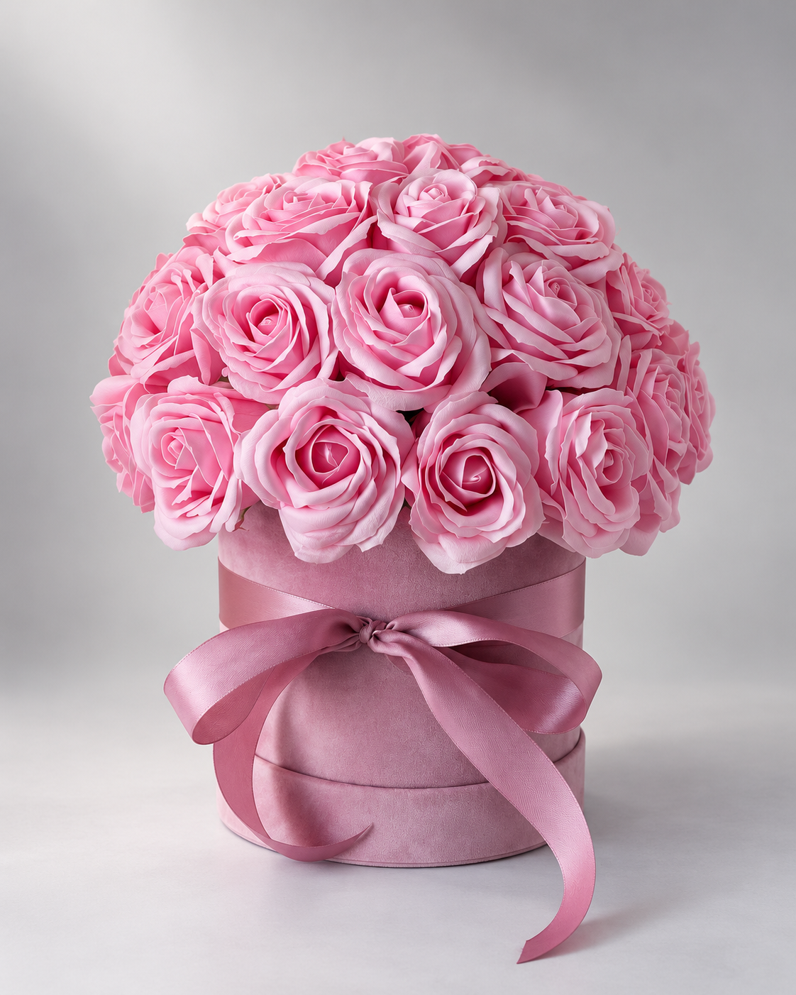Coffret Déclaration, dôme de roses éternelles roses dans un coffret rond en velours rose avec ruban