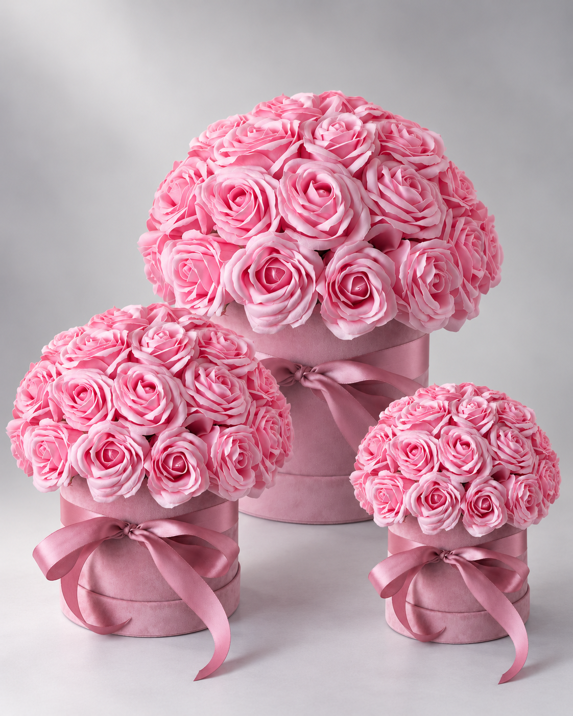 Trio de coffrets Déclaration en trois tailles, roses éternelles roses en velours rose