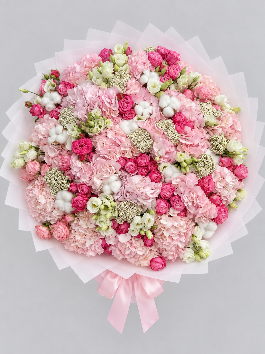 Bouquet DAHILA d'hortensias roses, roses et eustomas, vue de face