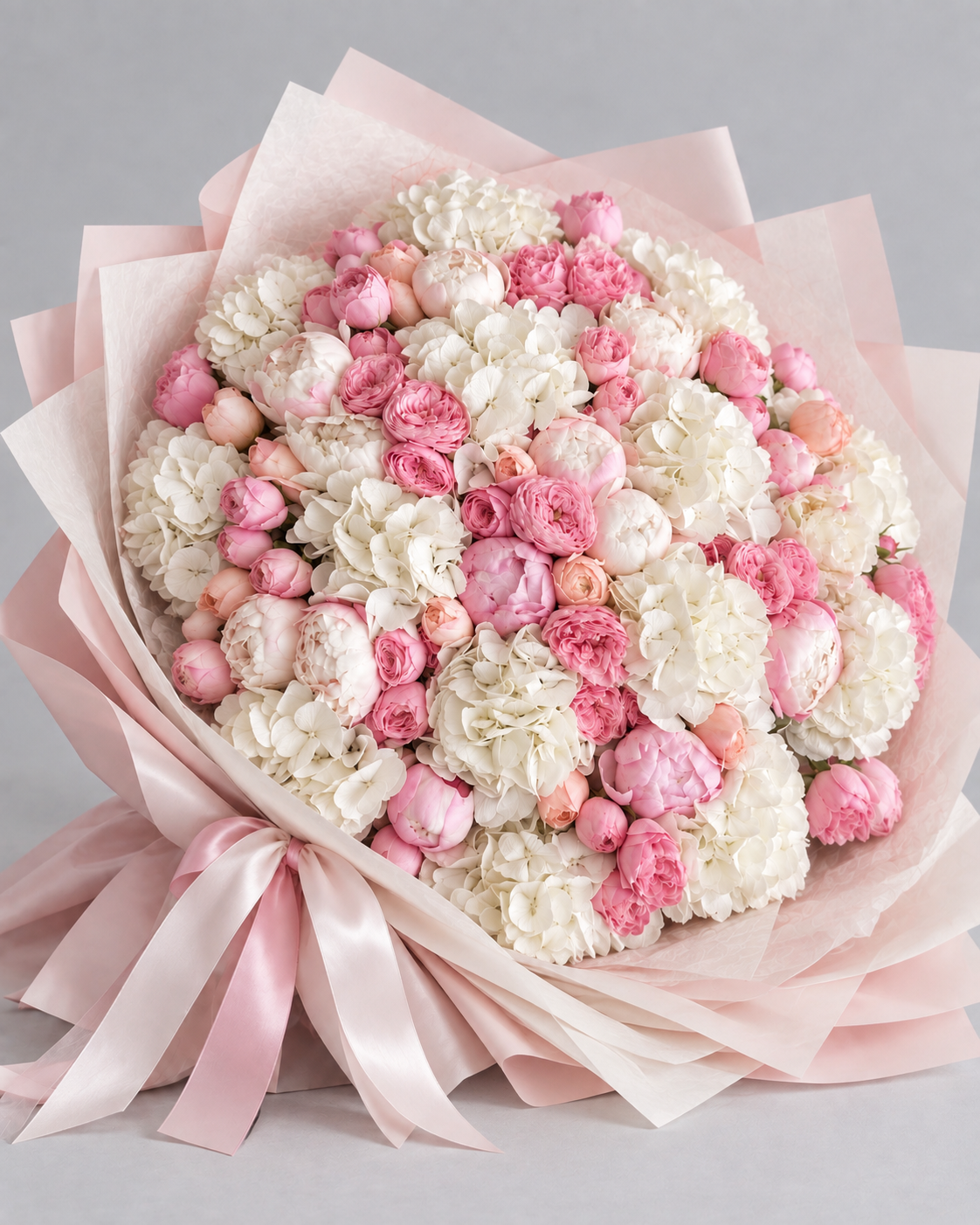 Bouquet DAPHNÉ de pivoines et hortensias frais, vue de côté
