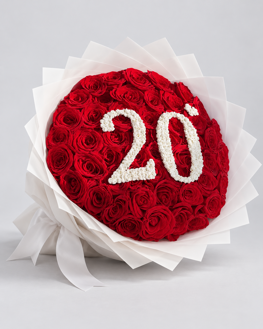 Bouquet Demi de roses rouges et papier blanc avec chiffre 20, vue de côté
