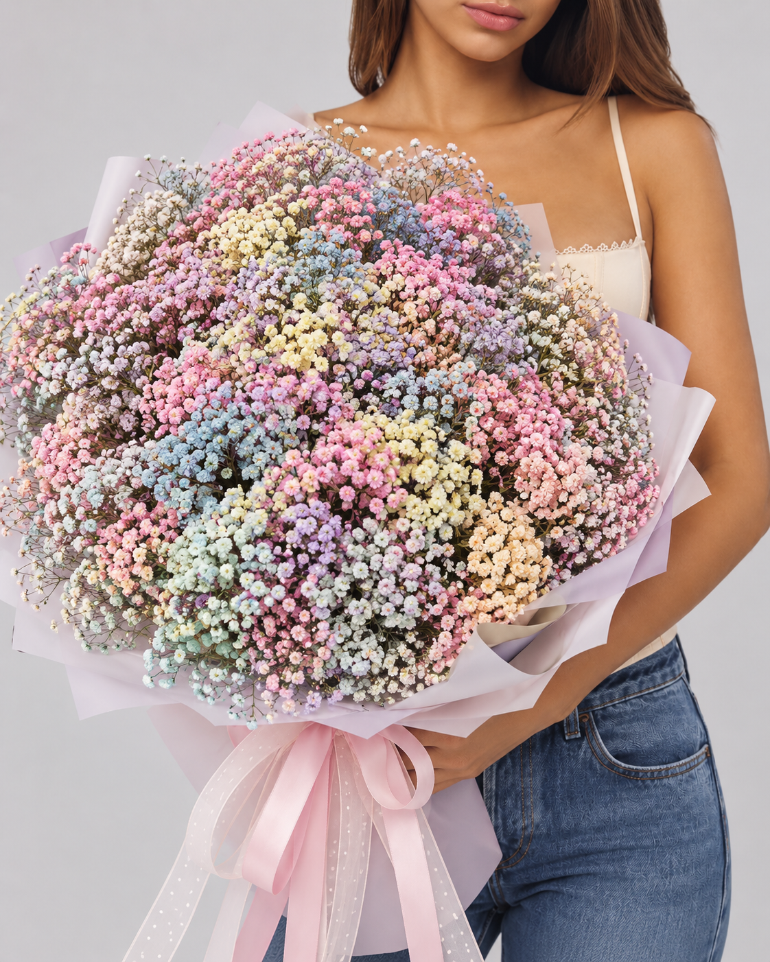 DOLLY, bouquet de gypsophile fraîche arc-en-ciel, tenu à la main