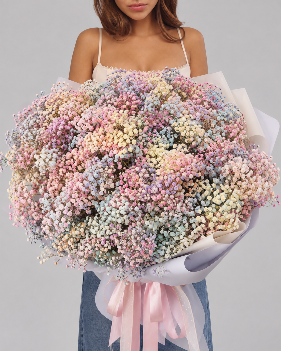 Bouquet DOLLY de gypsophile arc-en-ciel, vue de face portée