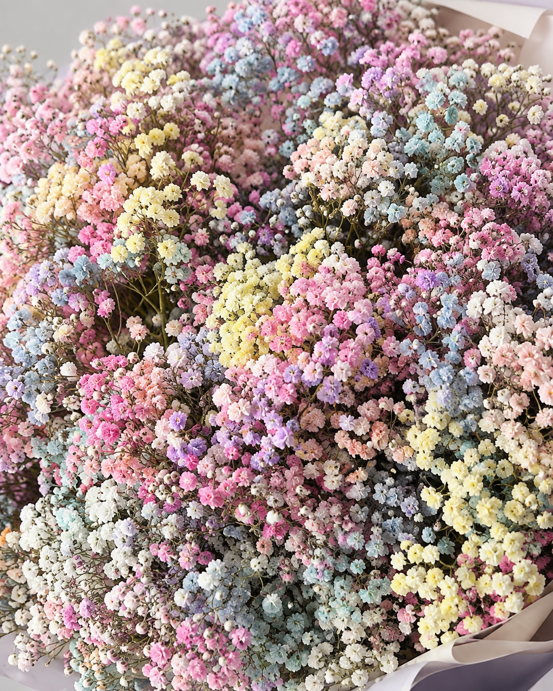 Gros plan sur la gypsophile arc-en-ciel du bouquet DOLLY
