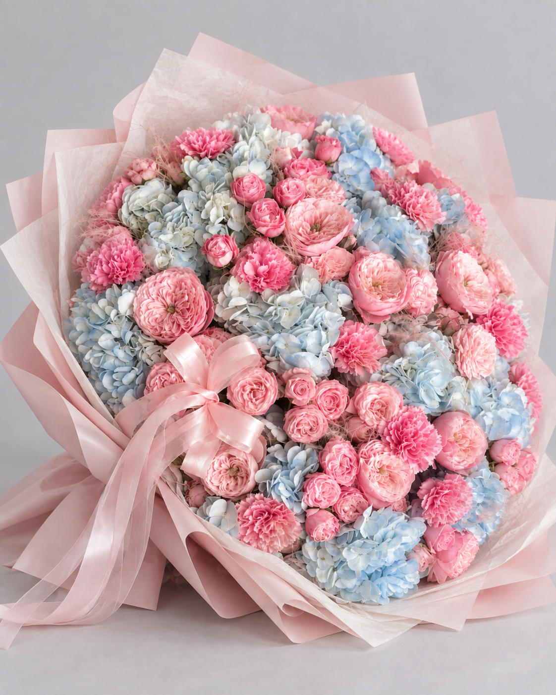 Bouquet DOROTHÉ d'hortensias bleus et œillets roses, vue de côté
