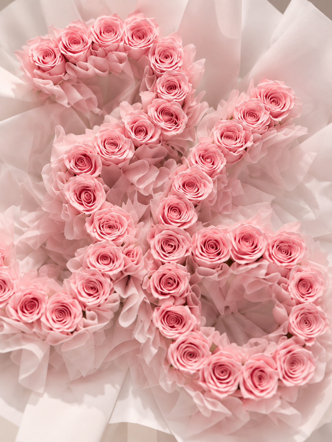Gros plan sur les roses roses fraîches formant le chiffre du bouquet Elana