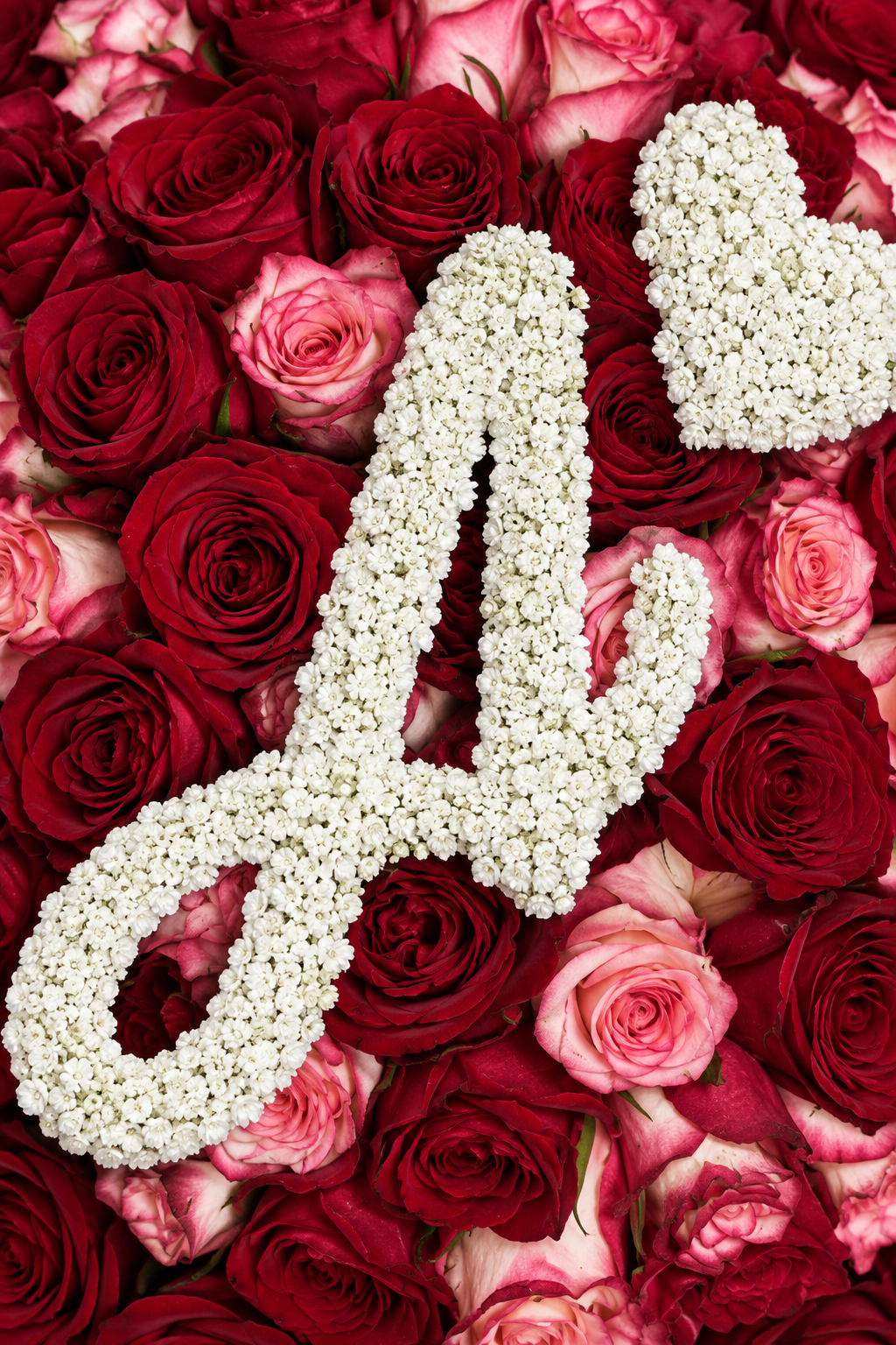 Détail de la lettre et du cœur en gypsophile sur les roses rouges et roses du bouquet Esme
