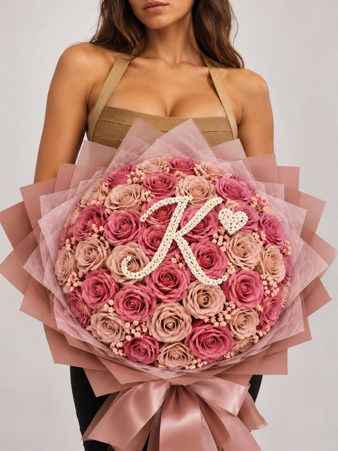 JULIA, bouquet de 50 roses éternelles rose intense et nude avec lettre perlée, tenu à la main