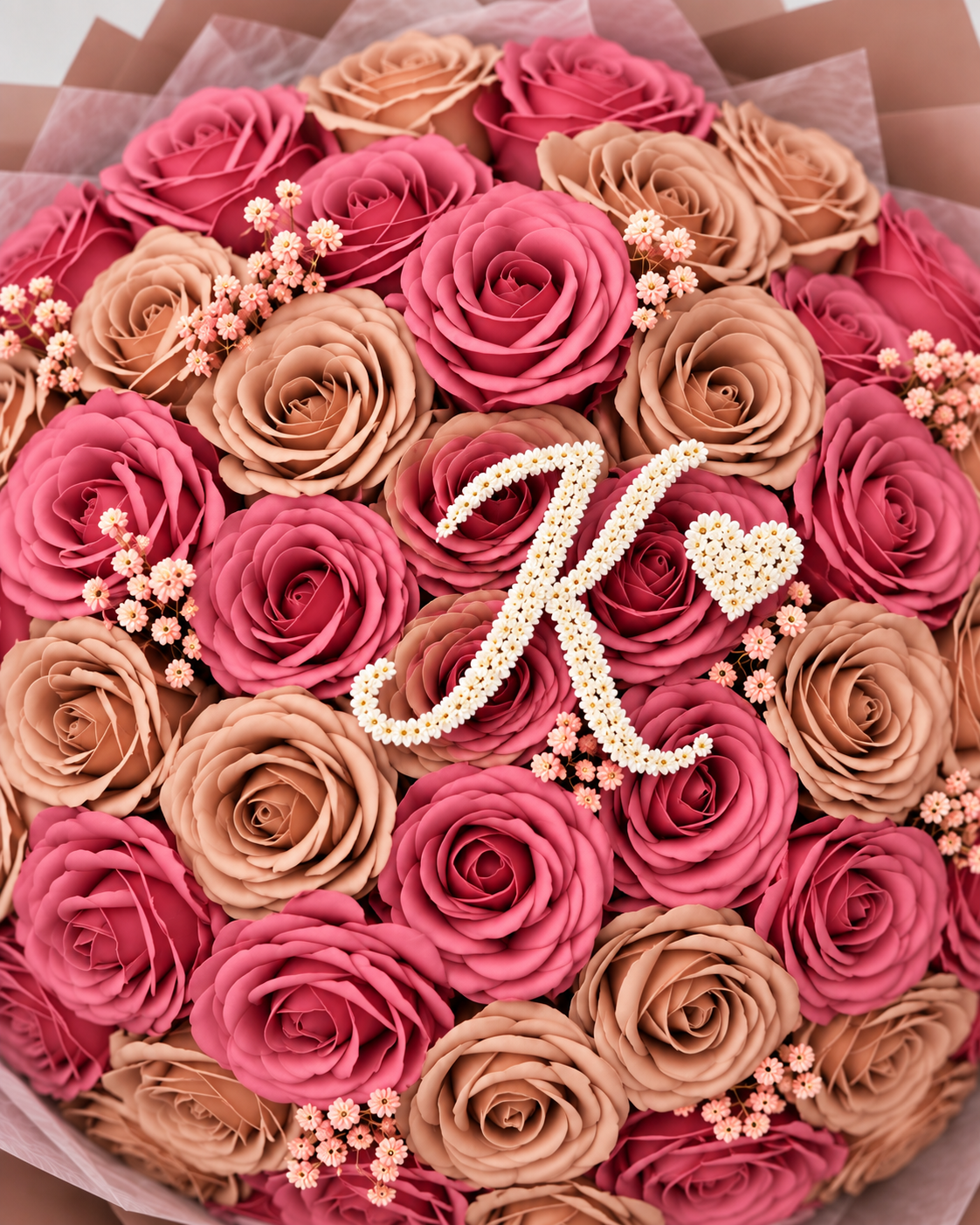 Gros plan sur les roses éternelles rose intense et nude du bouquet JULIA
