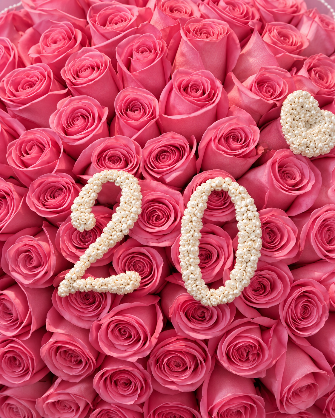 Gros plan sur le chiffre 20 blanc et le cœur au centre des roses roses du bouquet Kikky