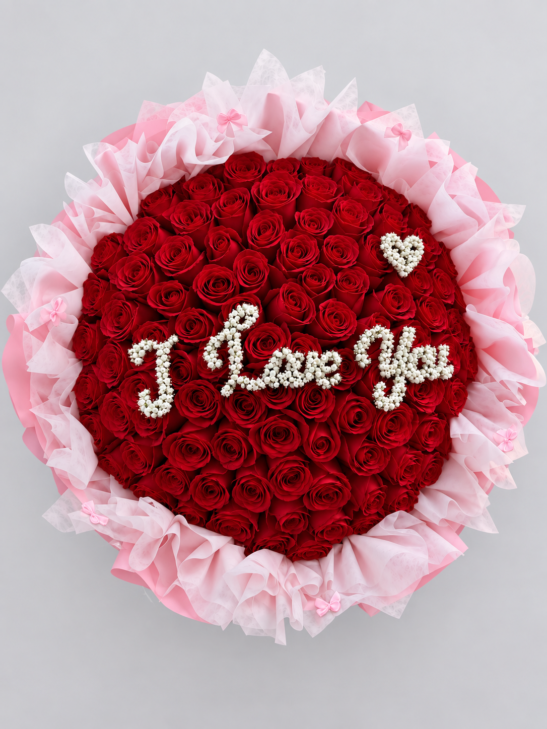 Bouquet Lara de 50 roses rouges avec message I Love You, vu de dessus