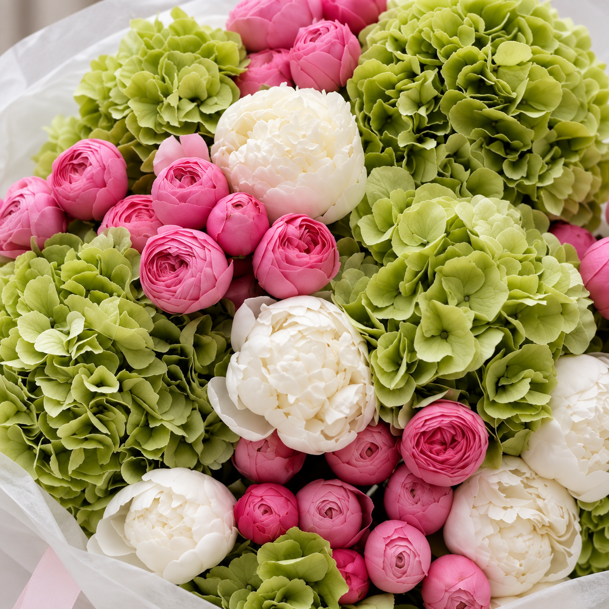 Gros plan sur les hortensias verts et les pivoines du bouquet LOUISE