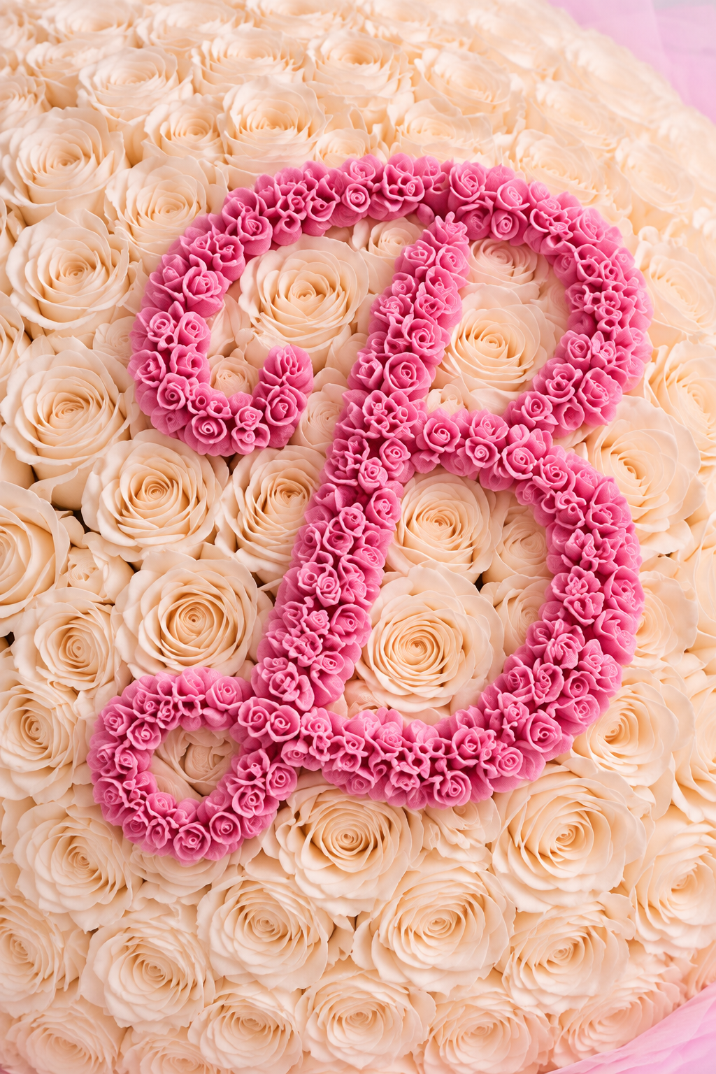Détail de la lettre B sur les roses blanches du bouquet Lyra