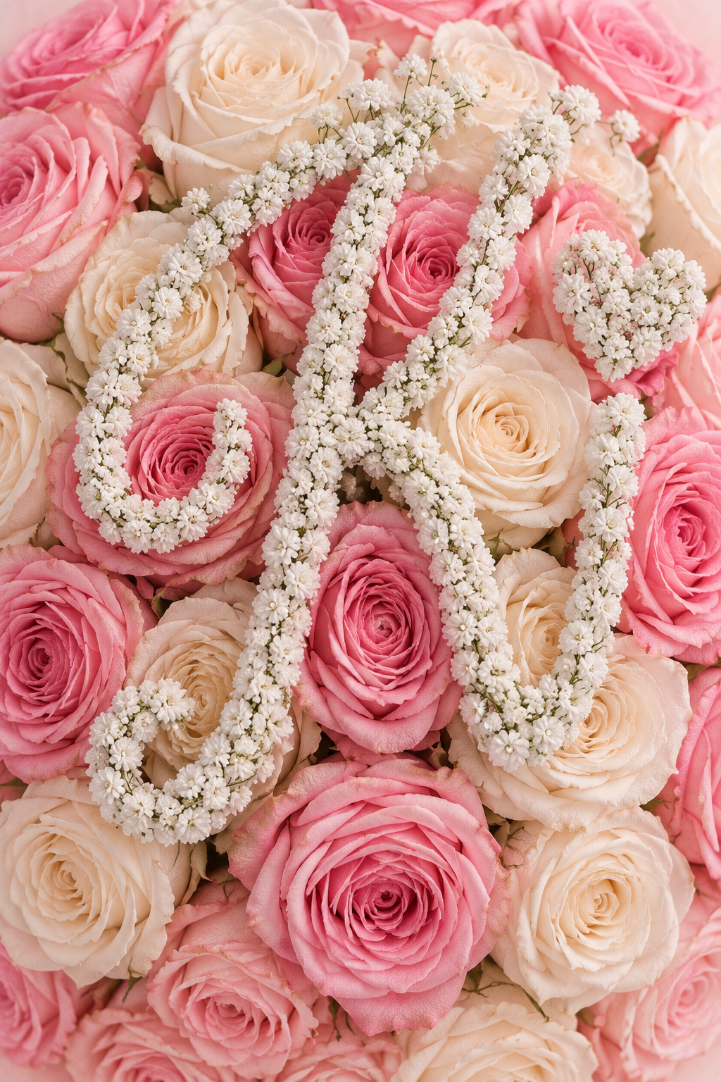 Détail d'une lettre en gypsophile sur les roses blanches et roses du bouquet Mademoiselle