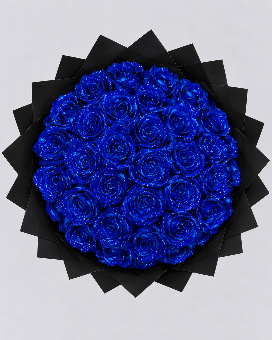 Bouquet MILLE ET UNE NUIT de 50 roses éternelles bleu roi, vue de face