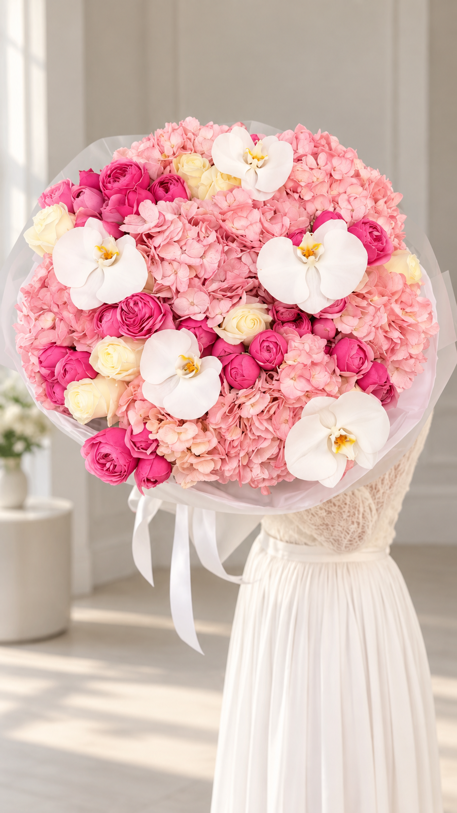 Bouquet LINA de fleurs fraîches mixtes avec orchidées blanches, photo réelle