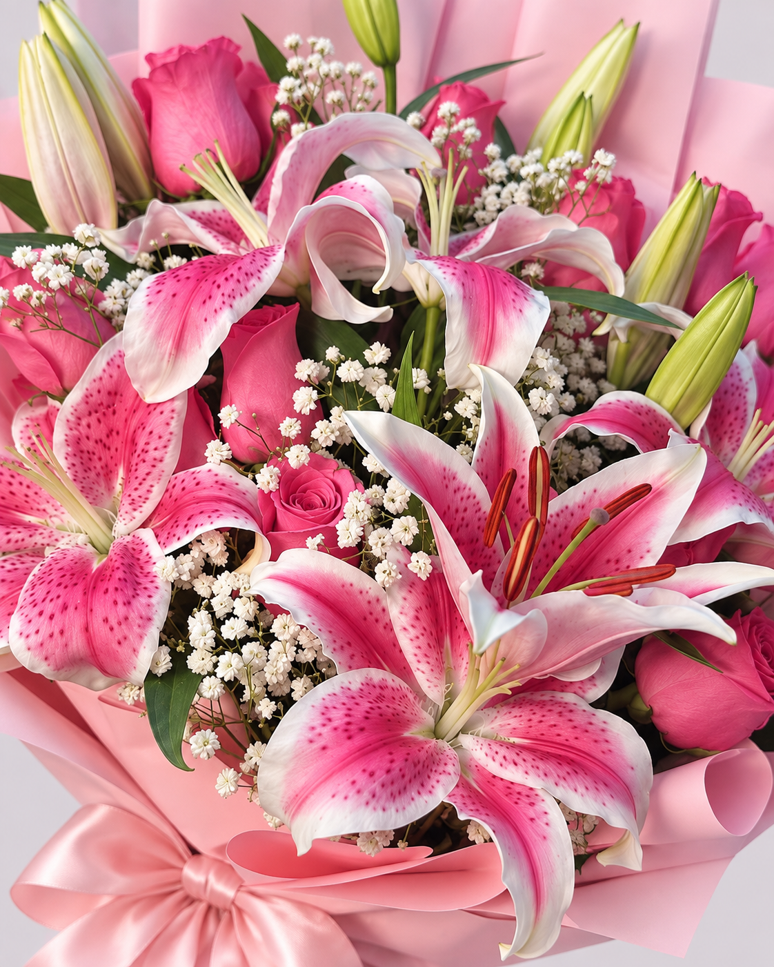 Gros plan sur les lys roses et la gypsophile du bouquet Muse