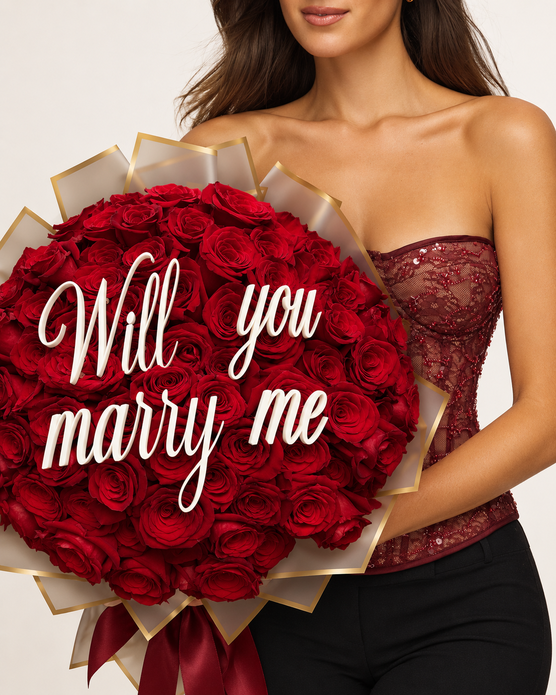 NESSA, bouquet de roses éternelles rouges avec message Will you marry me, tenu à la main
