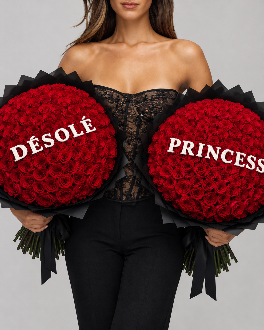 Bouquets NESSA de roses éternelles rouges avec messages Désolé et Princess