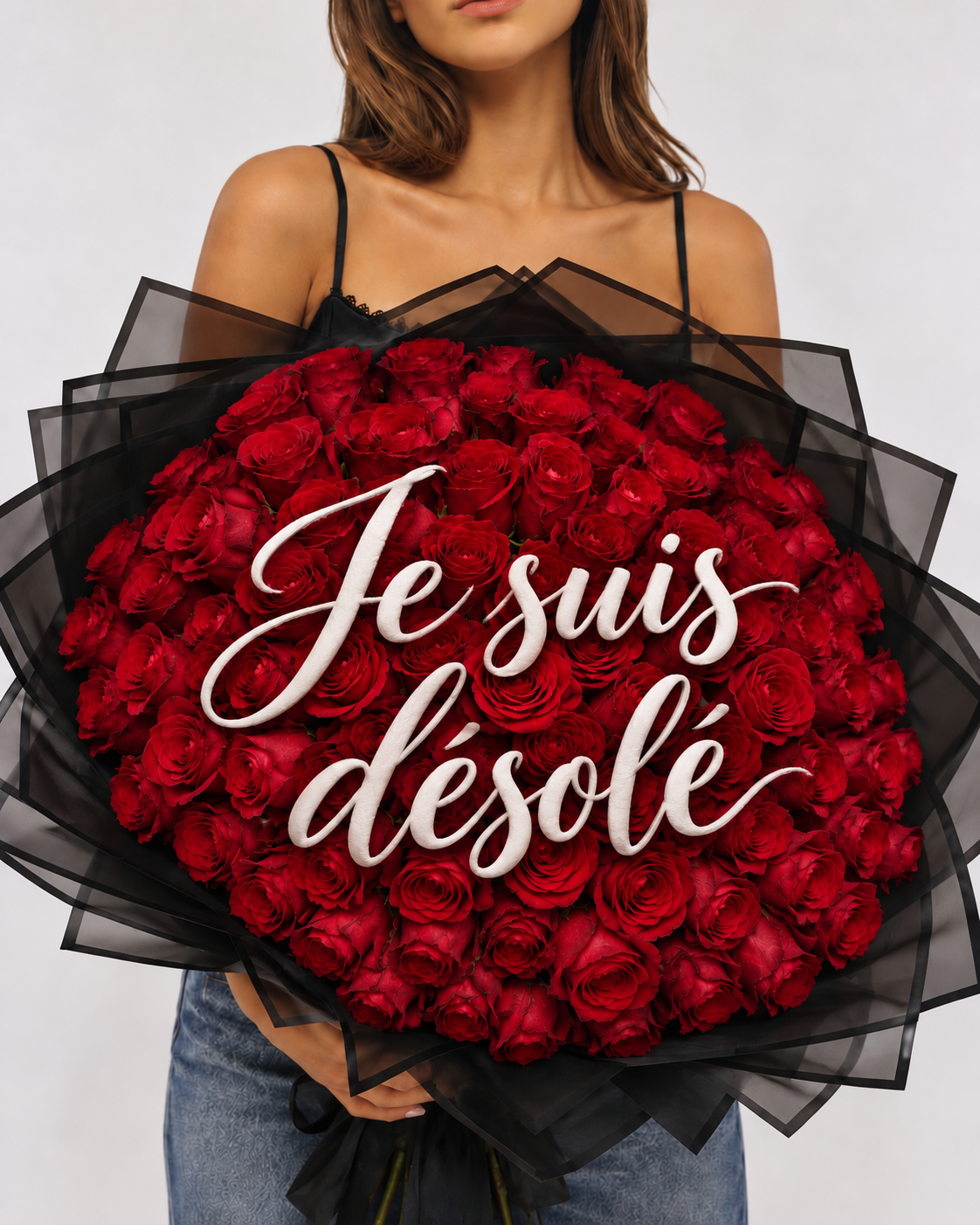 NESSA, bouquet de roses éternelles rouges avec le message Je suis désolé, tenu à la main