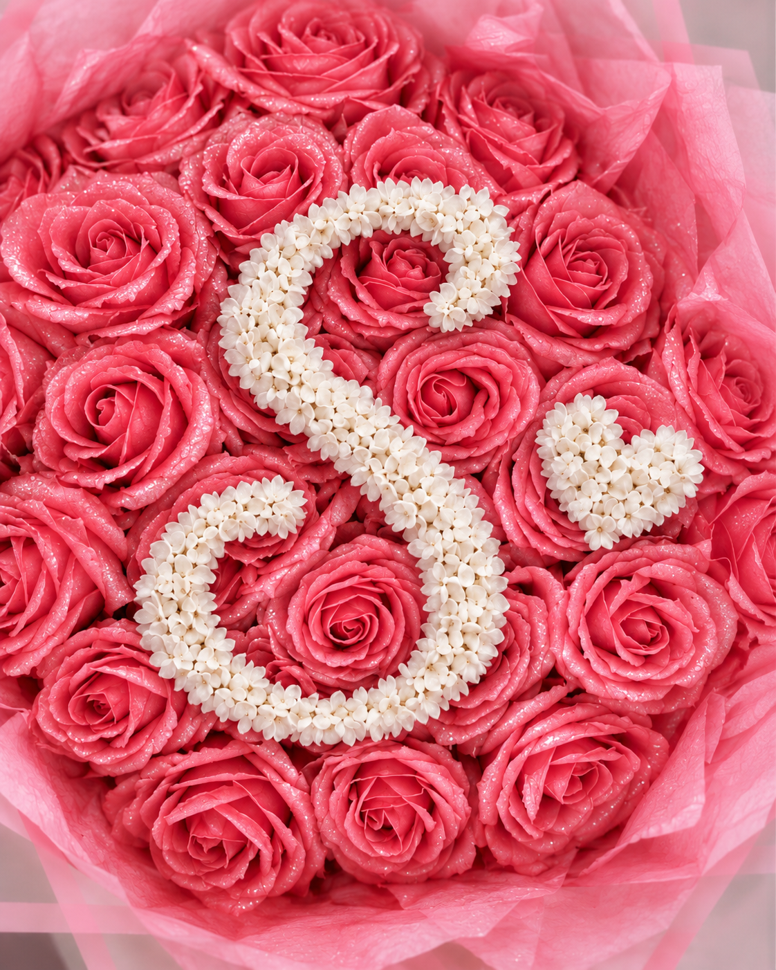Gros plan sur les roses éternelles rose framboise et la lettre perlée du bouquet NINA