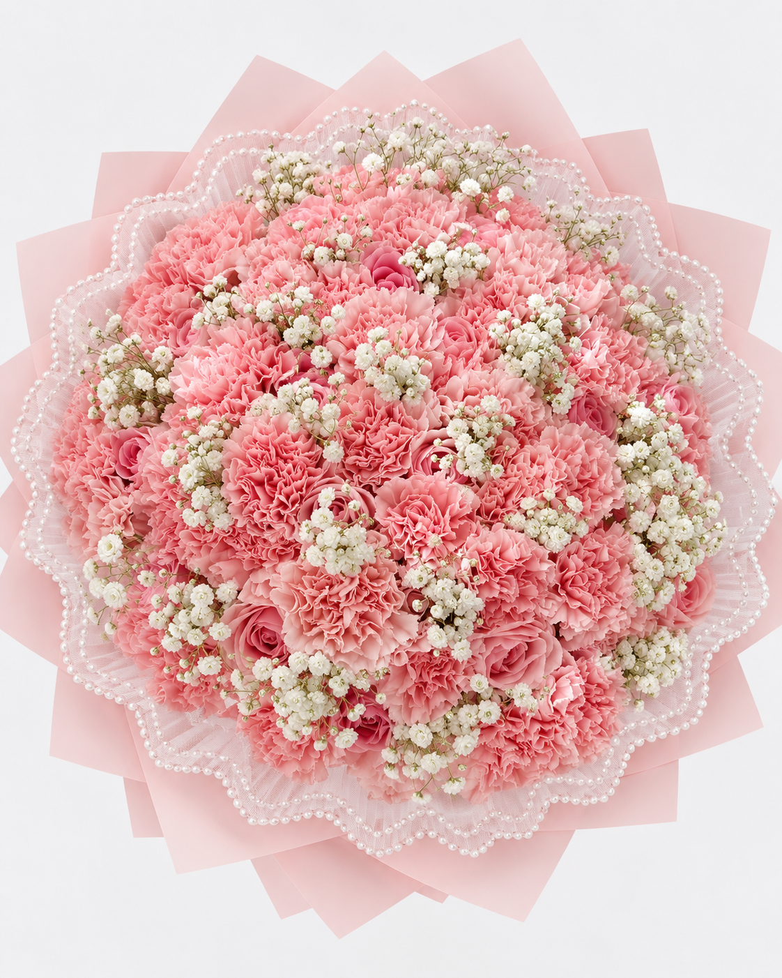 Vue de dessus du bouquet NORAH d'œillets roses et gypsophile