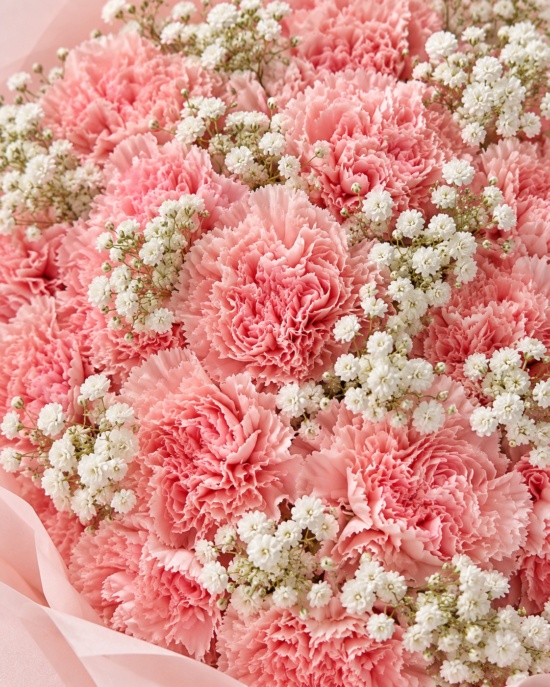 Gros plan sur les œillets roses et la gypsophile du bouquet NORAH