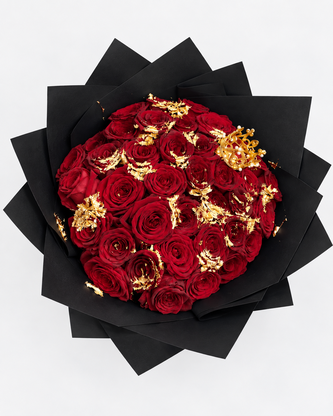 Bouquet ORNELA de roses rouges fraîches et feuilles d'or, vue de face