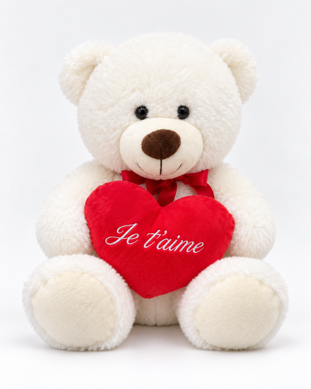 Ours Cœur d'amour, ours en peluche blanc crème tenant un cœur rouge Je t'aime, vue de face