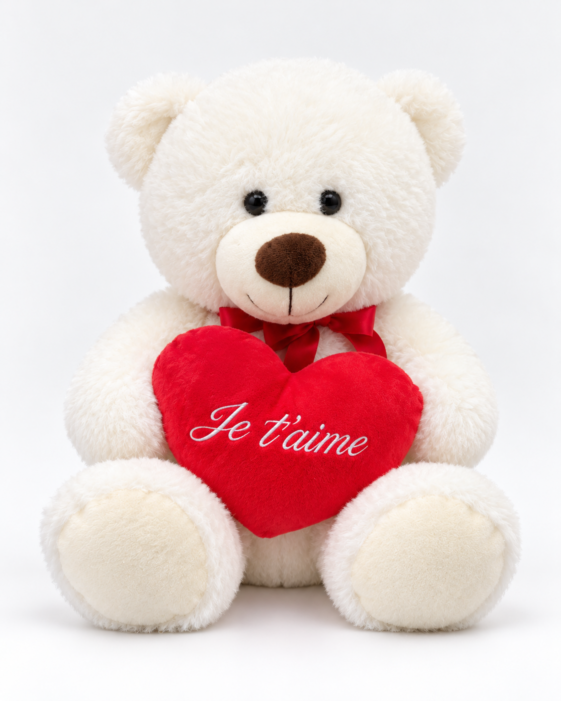 Ours Cœur d'amour, ours en peluche blanc crème tenant un cœur rouge Je t'aime, vue de face