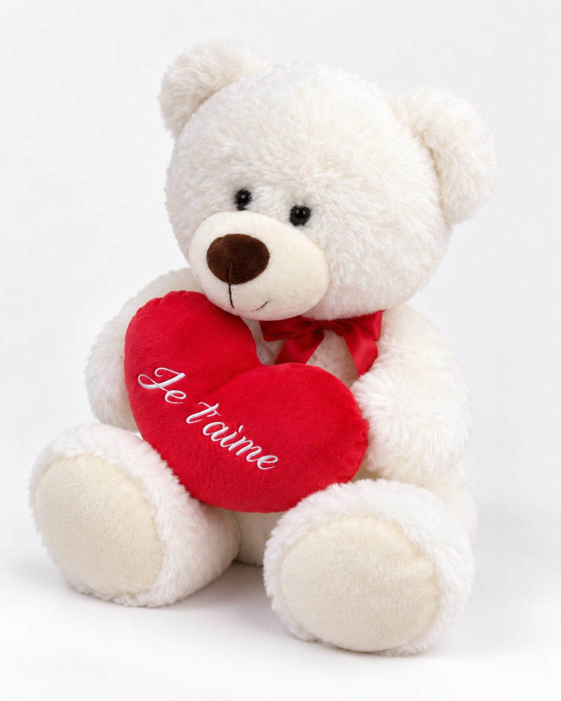 Ours en peluche blanc crème avec cœur rouge Je t'aime, autre angle