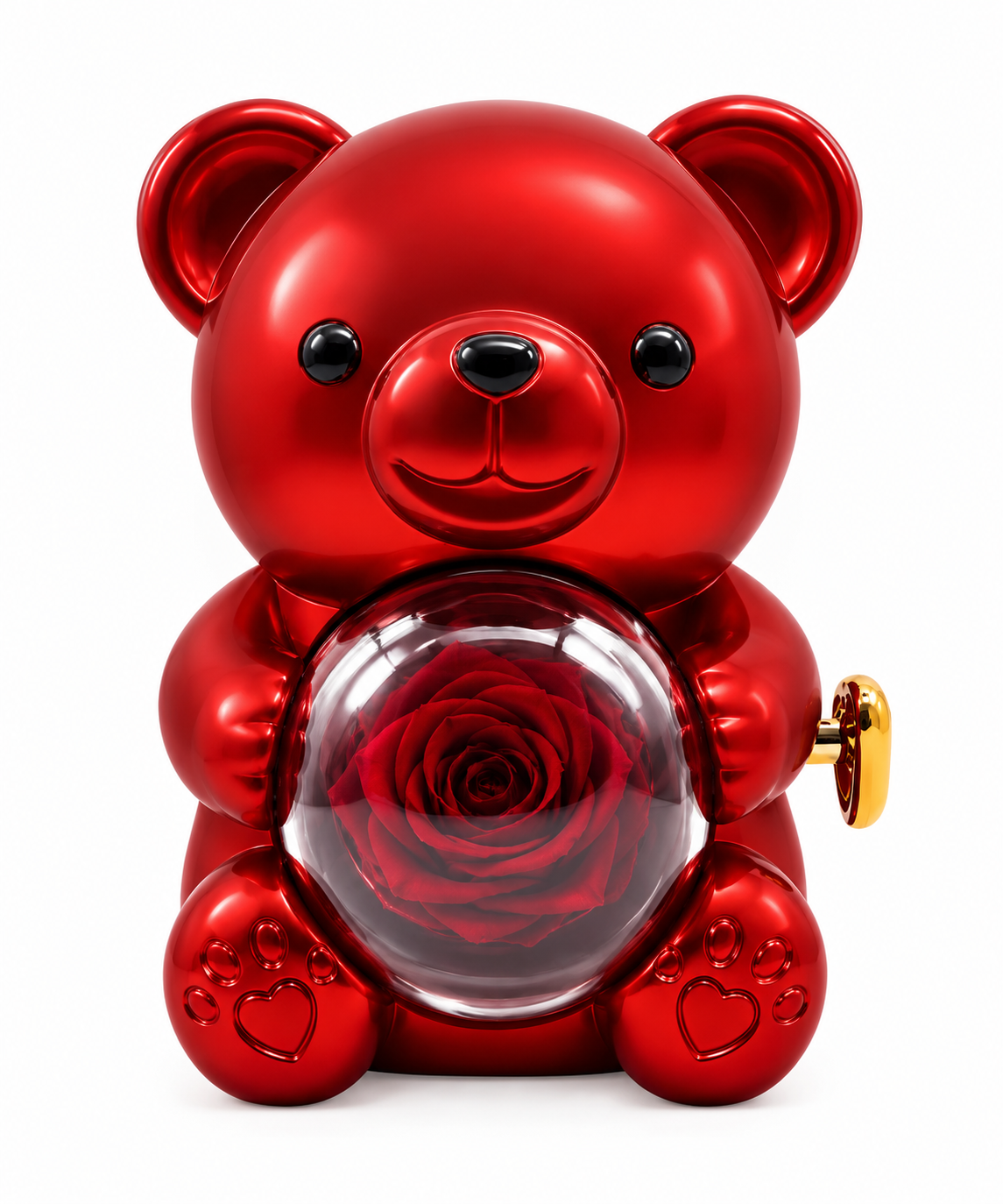 Ourson Précieux, ourson rouge brillant tenant une rose rouge sous dôme transparent, vue de face