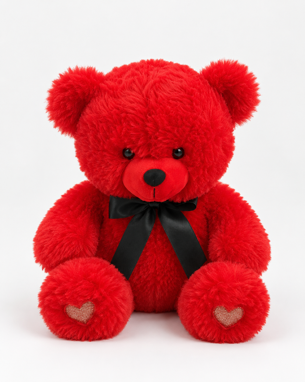 PETIT CŒUR, ourson en peluche rouge avec nœud noir, vue de face