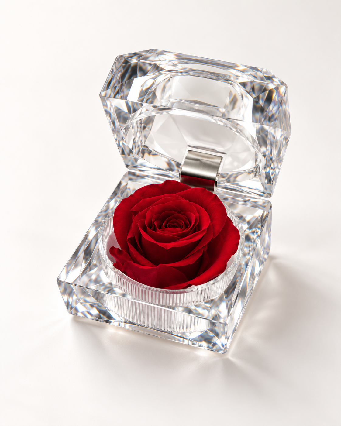Rose éternelle rouge stabilisée dans l'écrin transparent Porte rose Douce surprise, vue de trois quarts