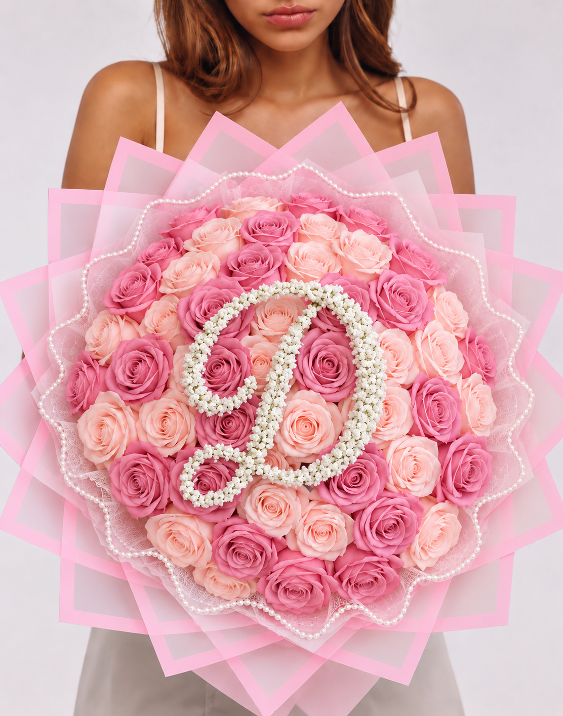 Bouquet ROSINA de roses éternelles rose poudré et rose soutenu, vue de face portée