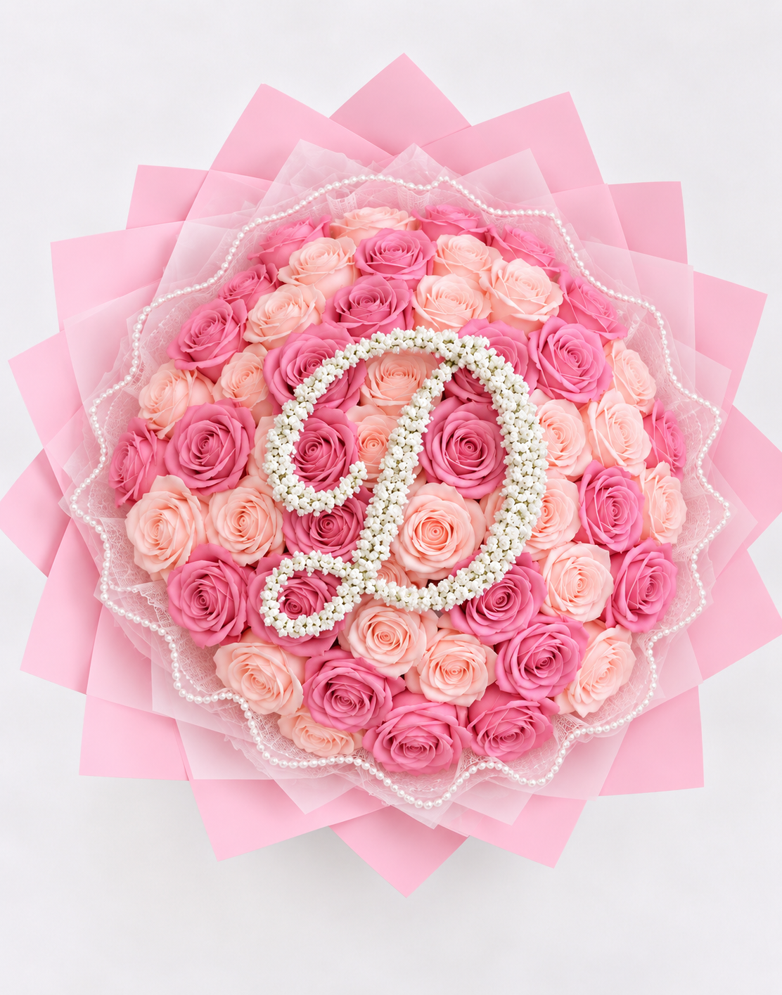 Vue de dessus du bouquet ROSINA de roses éternelles rose poudré et rose soutenu