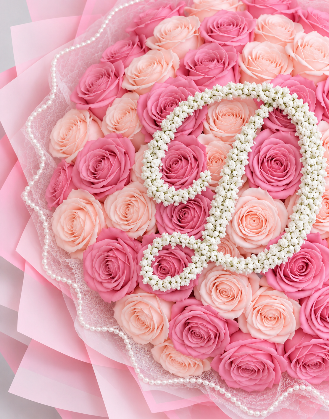 Gros plan sur les roses éternelles roses et l'initiale du bouquet ROSINA