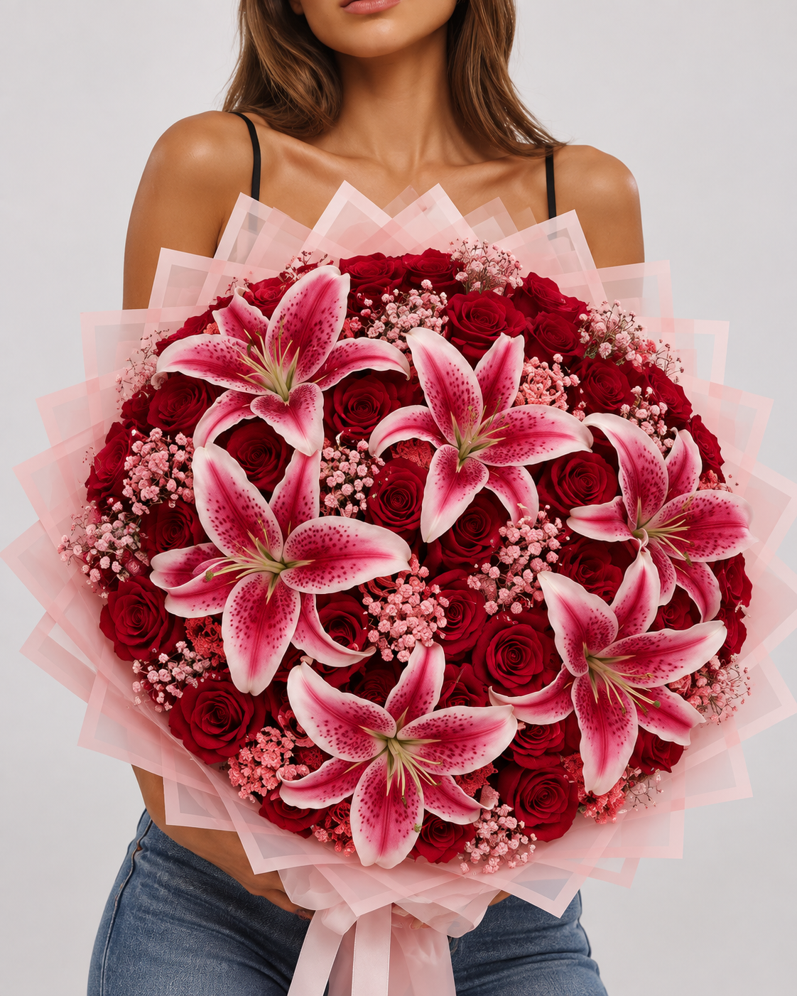 Bouquet Selma de roses rouges fraîches et lys roses porté par une femme, papier rose pâle