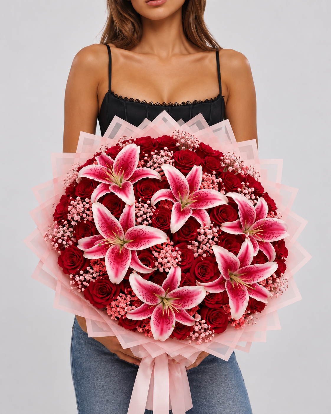 Bouquet Selma de roses rouges et lys roses tenu dans les bras, vue de face