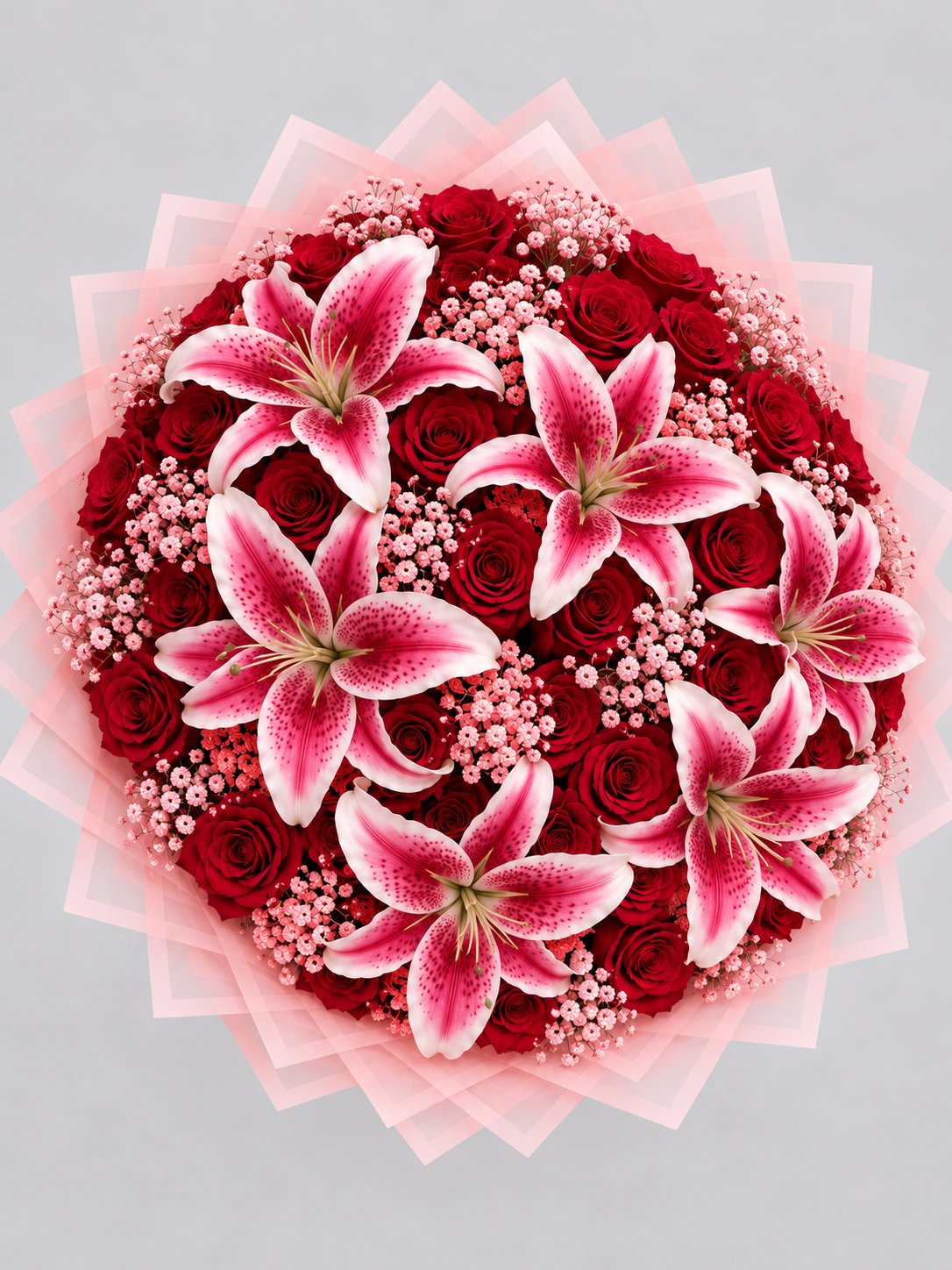 Bouquet Selma de roses rouges et lys roses vu de dessus
