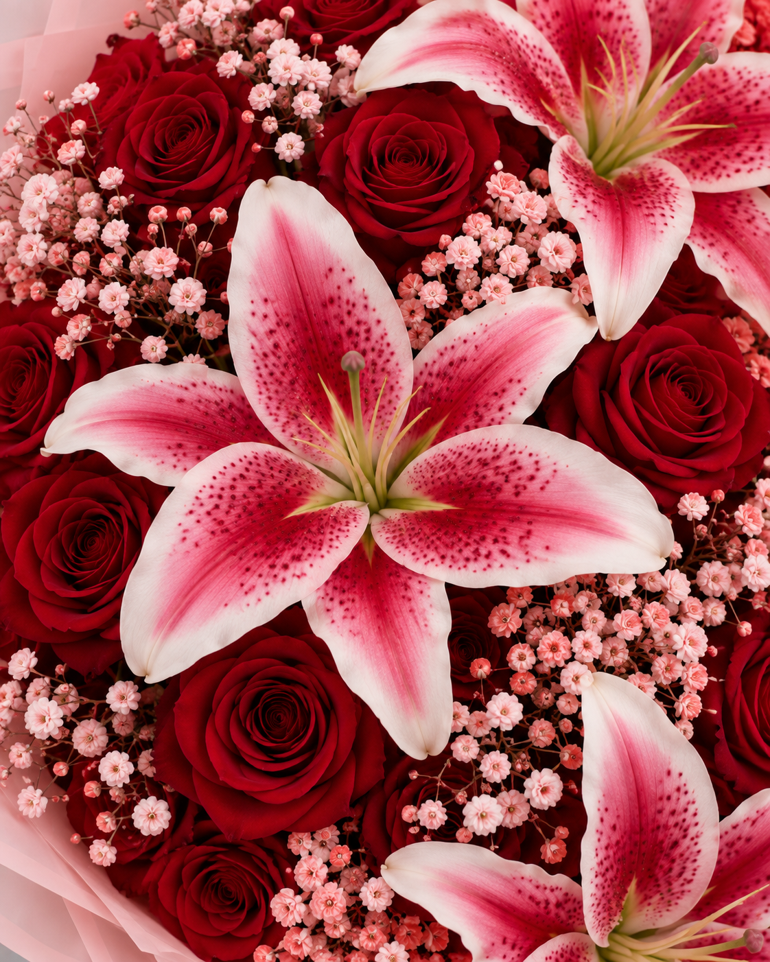 Gros plan sur un lys rose et les roses rouges du bouquet Selma