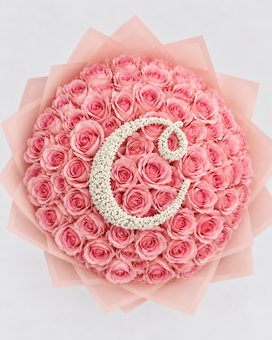 Bouquet SHAINEZ de roses éternelles roses avec lettre perlée, vue de face