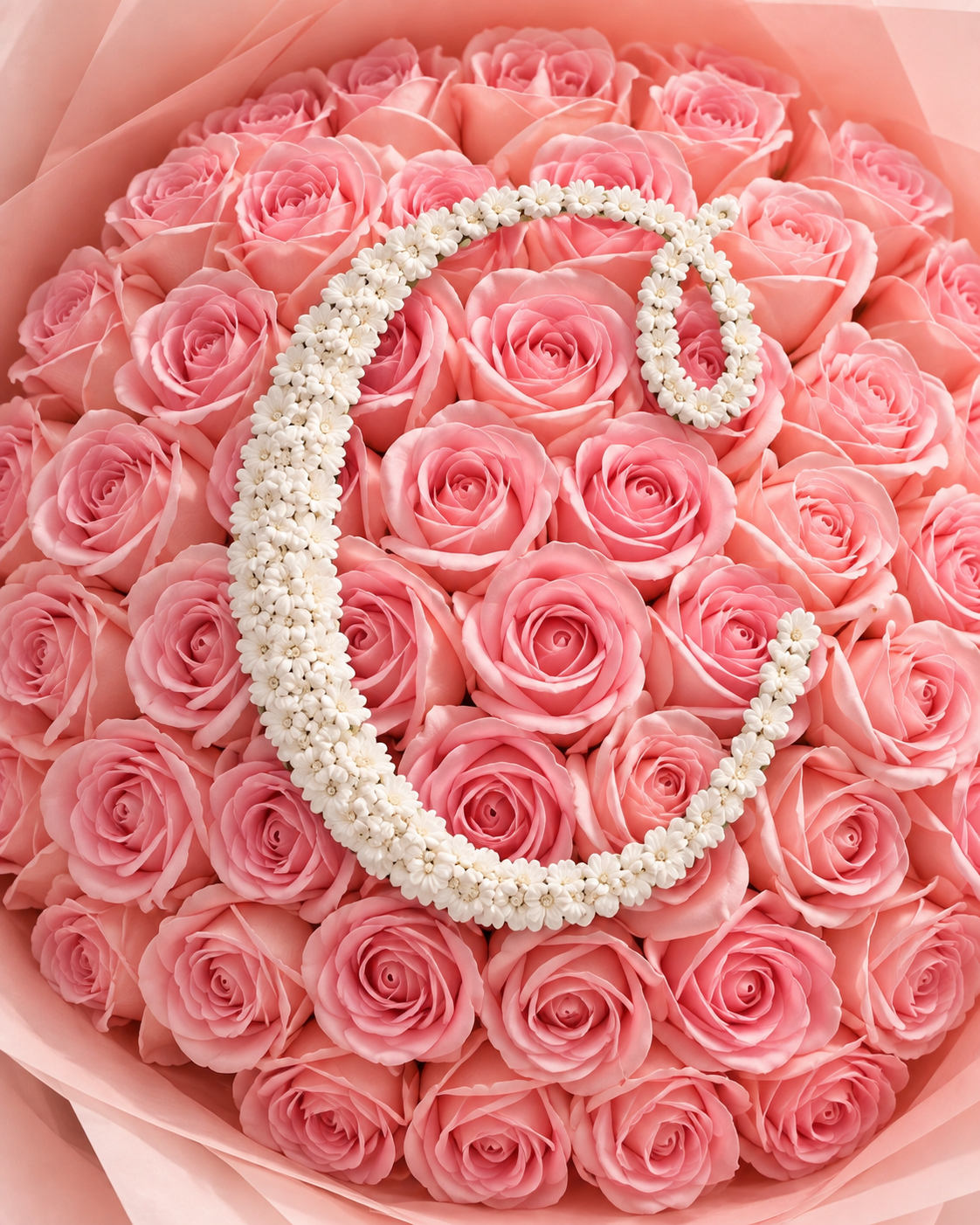 Gros plan sur les roses éternelles roses et la lettre perlée du bouquet SHAINEZ